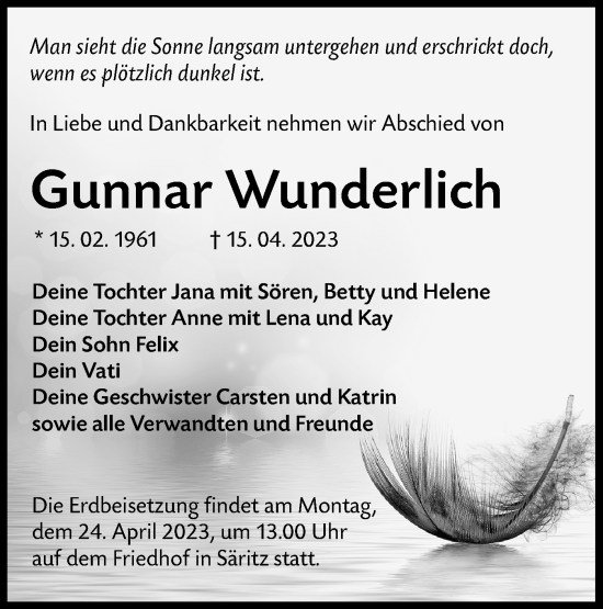 Traueranzeige von Gunnar Wunderlich von Lausitzer Rundschau