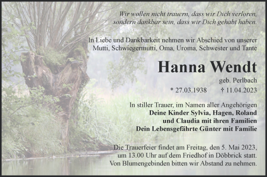 Traueranzeige von Hanna Wendt von Lausitzer Rundschau