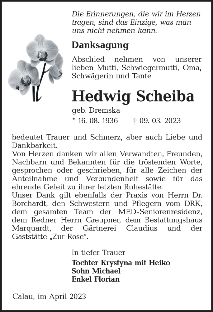  Traueranzeige für Hedwig Scheiba vom 22.04.2023 aus Lausitzer Rundschau