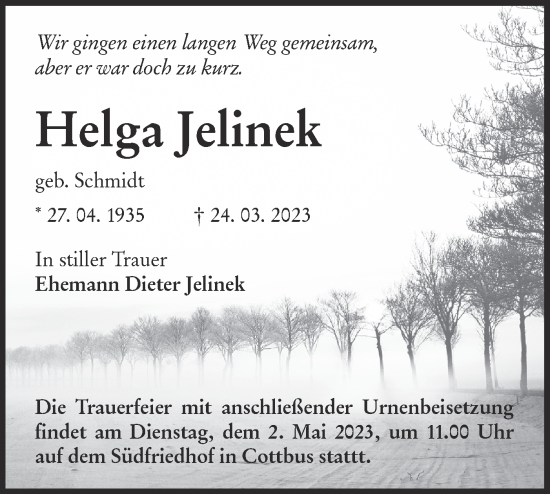 Traueranzeige von Helga Jelinek von Lausitzer Rundschau