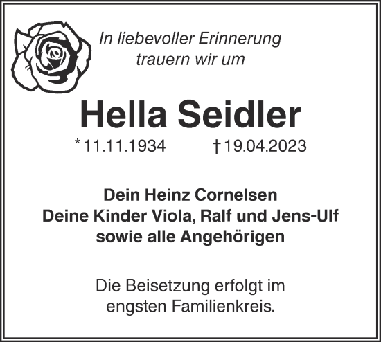 Traueranzeige von Hella Seidler von Lausitzer Rundschau