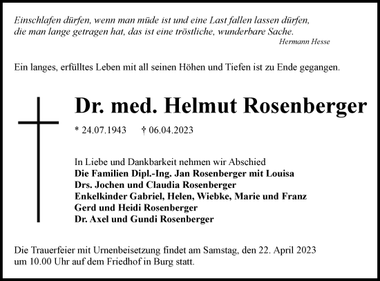 Traueranzeige von Helmut Rosenberger von Lausitzer Rundschau