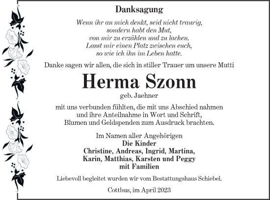 Traueranzeige von Herma Szonn von Lausitzer Rundschau