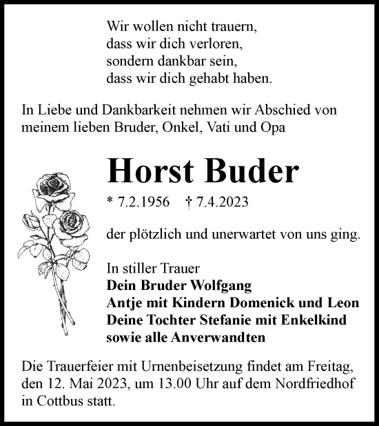 Traueranzeige von Horst Buder von Lausitzer Rundschau