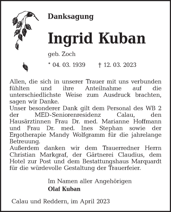 Traueranzeige von Ingrid Kuban von Lausitzer Rundschau