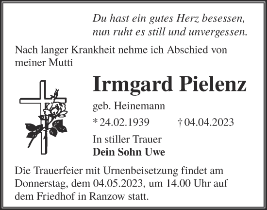 Traueranzeige von Irmgard Pielenz von Lausitzer Rundschau