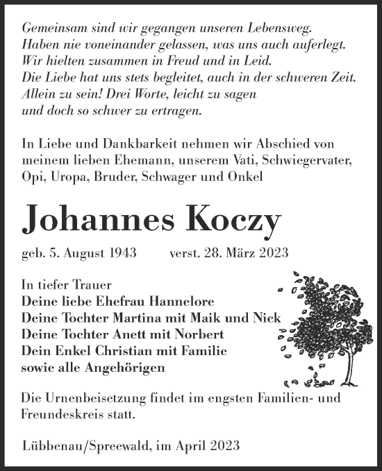 Traueranzeige von Johannes Koczy von Lausitzer Rundschau