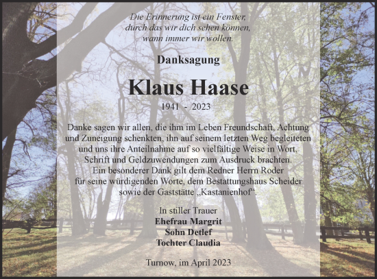 Traueranzeige von Klaus Haase von Lausitzer Rundschau