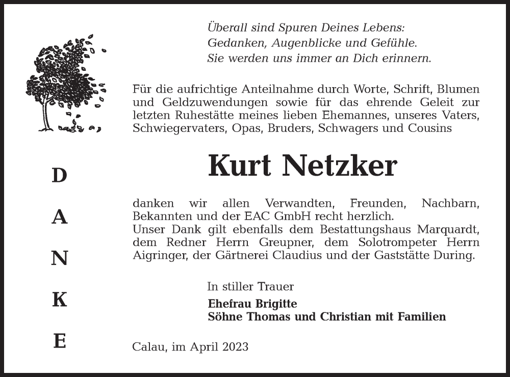  Traueranzeige für Kurt Netzker vom 22.04.2023 aus Lausitzer Rundschau