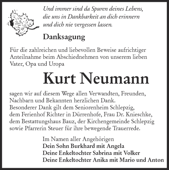 Traueranzeige von Kurt Neumann von Lausitzer Rundschau