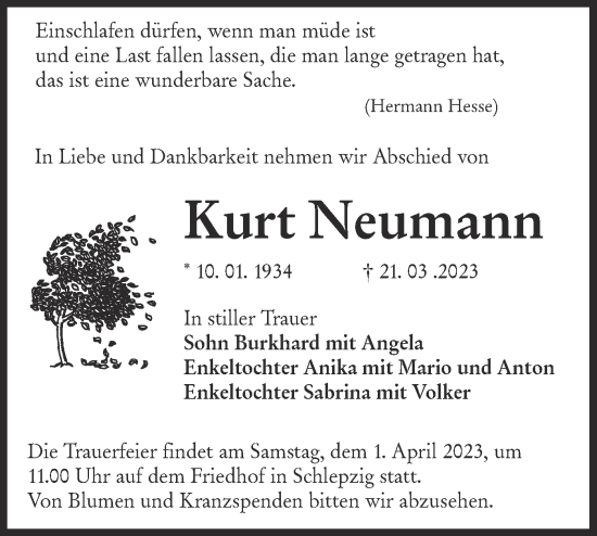 Traueranzeige von Kurt Neumann von Lausitzer Rundschau