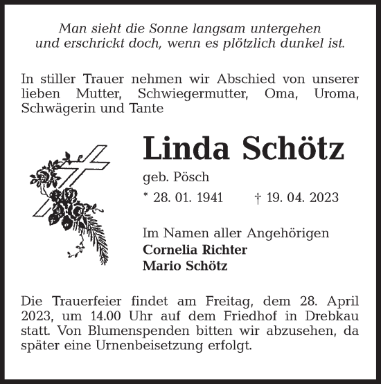 Traueranzeige von Linda Schötz von Lausitzer Rundschau