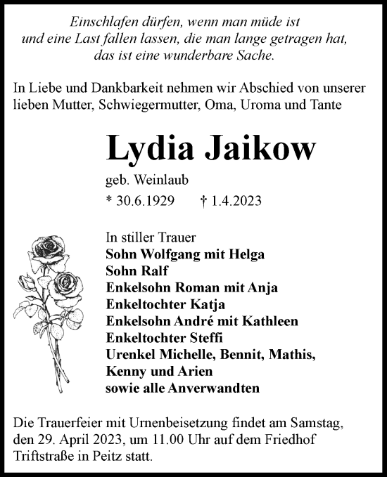 Traueranzeige von Lydia Jaikow von Lausitzer Rundschau