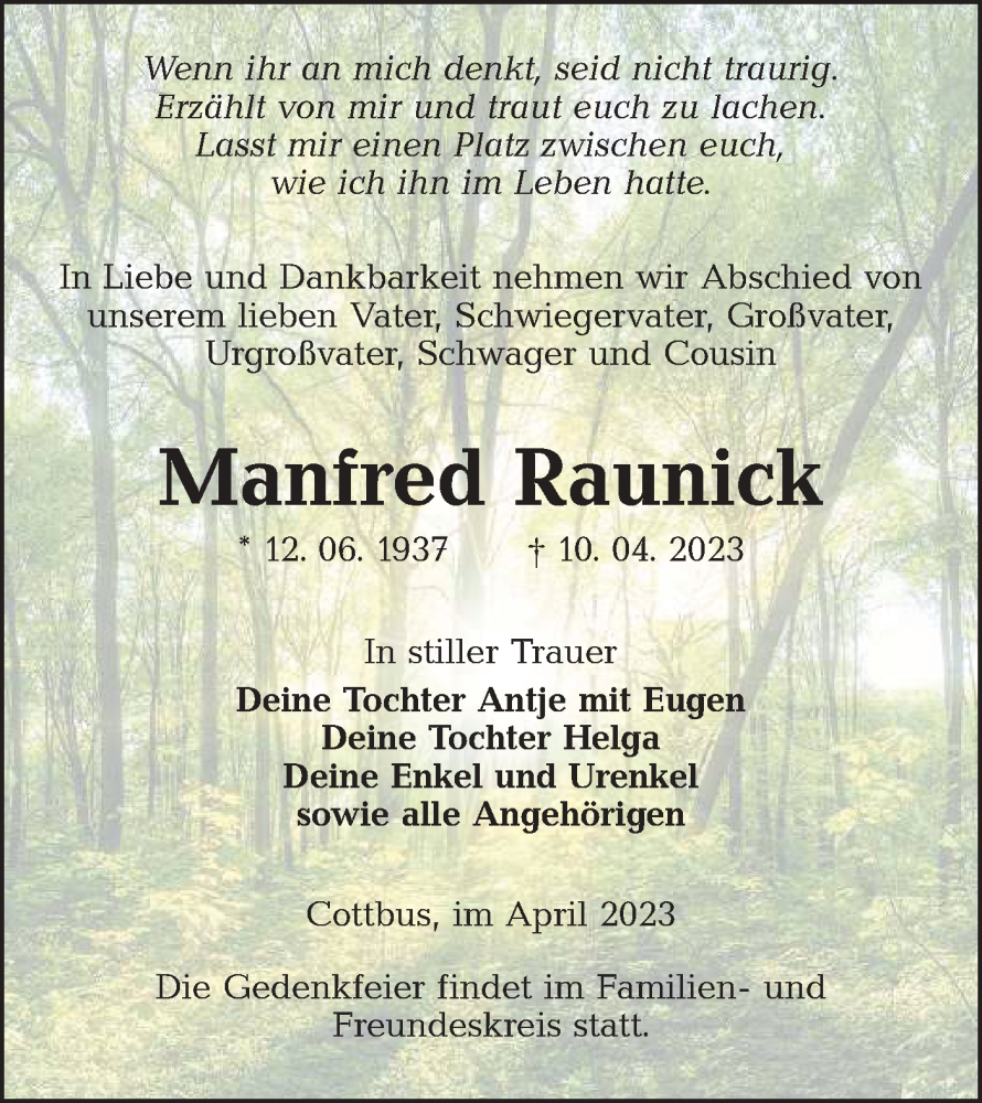 Traueranzeige für Manfred Raunick vom 22.04.2023 aus Lausitzer Rundschau