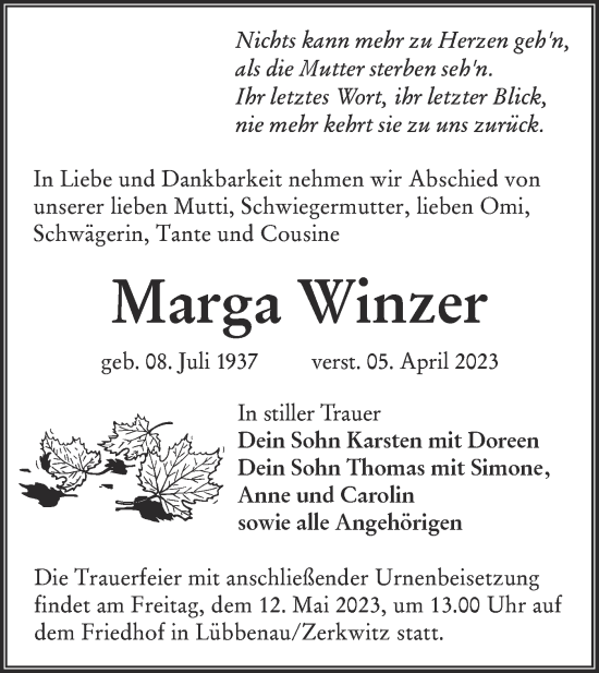 Traueranzeige von Marga Winzer von Lausitzer Rundschau