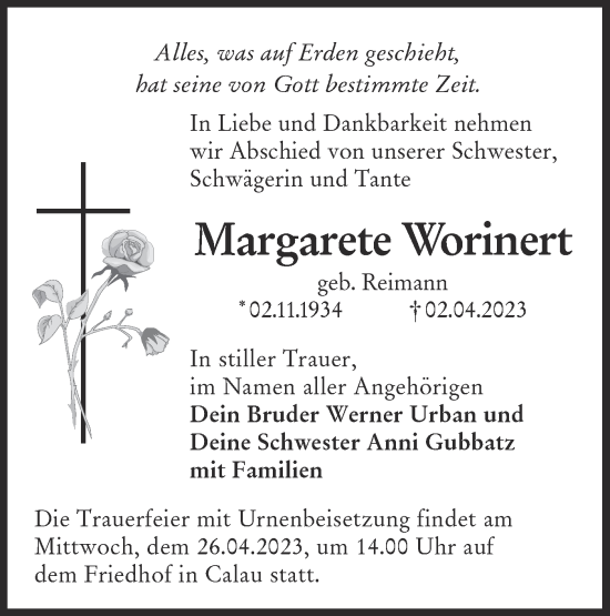 Traueranzeige von Margarete Worinert von Lausitzer Rundschau