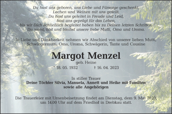 Traueranzeige von Margot Menzel von Lausitzer Rundschau