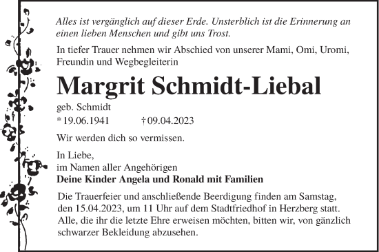 Traueranzeige von Margrit Schmidt-Liebal von Lausitzer Rundschau