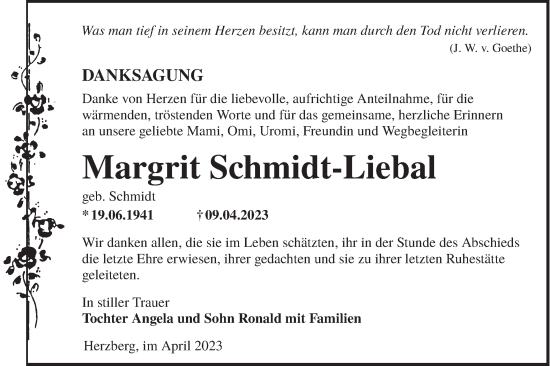 Traueranzeige von Margrit Schmidt-Liebal von Lausitzer Rundschau