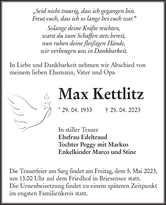 Traueranzeige von Max Kettlitz von Lausitzer Rundschau