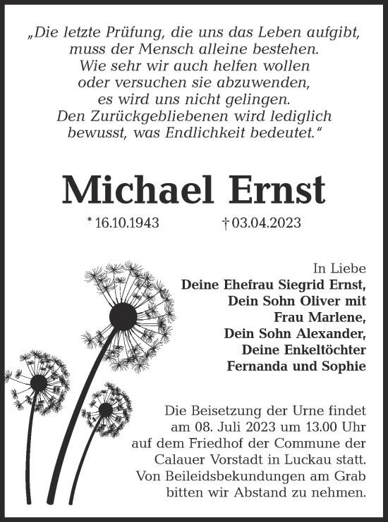 Traueranzeige von Michael Ernst von Lausitzer Rundschau