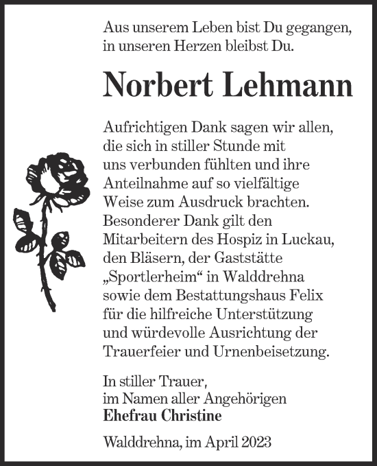 Traueranzeige von Norbert Lehmann von Lausitzer Rundschau