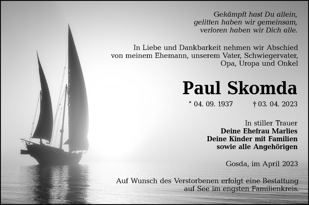  Traueranzeige für Paul Skomda vom 15.04.2023 aus Lausitzer Rundschau