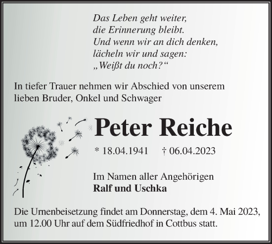 Traueranzeige von Peter Reiche von Lausitzer Rundschau