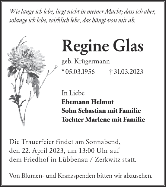 Traueranzeige von Regine Glas von Lausitzer Rundschau