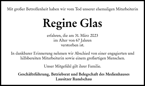 Traueranzeige von Regine Glas von Lausitzer Rundschau