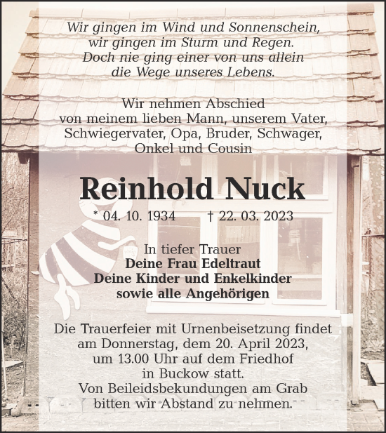 Traueranzeige von Reinhold Nuck von Lausitzer Rundschau