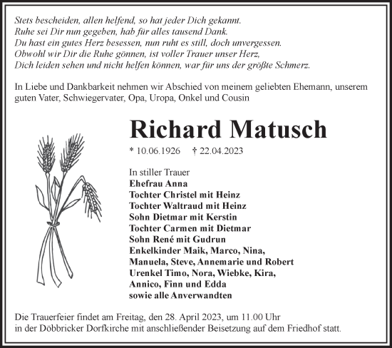 Traueranzeige von Richard Matusch von Lausitzer Rundschau