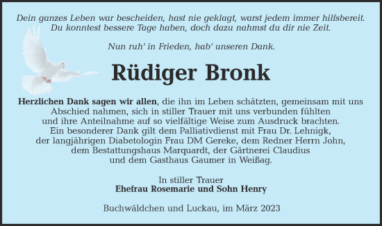 Traueranzeige von Rüdiger Bronk von Lausitzer Rundschau