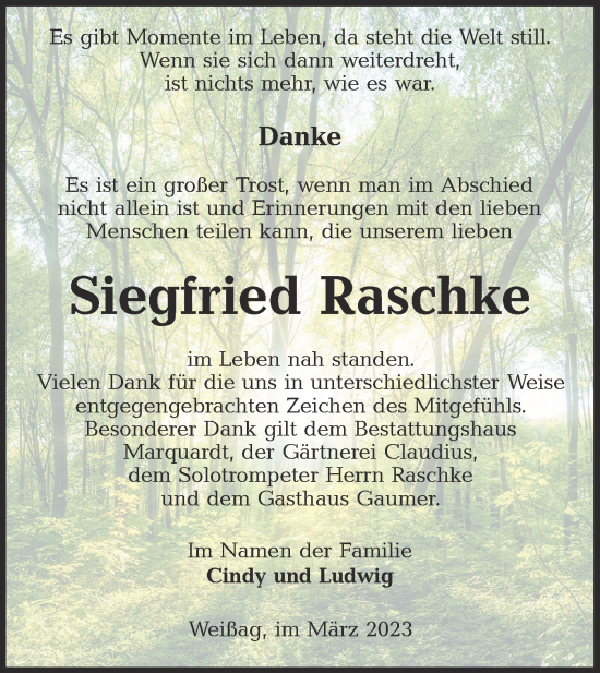 Traueranzeige von Siegfried Raschke von Lausitzer Rundschau