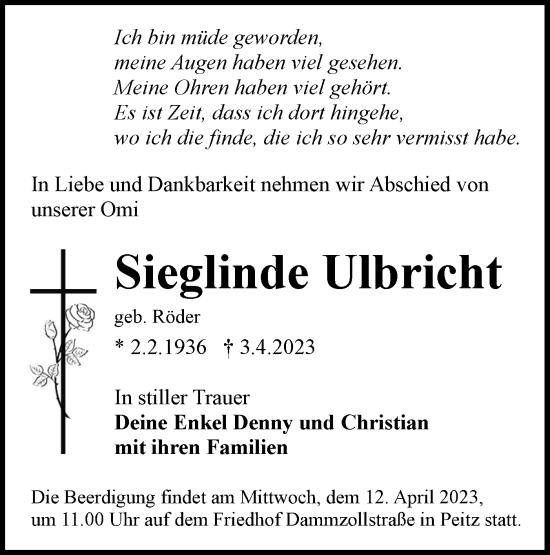 Traueranzeige von Sieglinde Ulbricht von Lausitzer Rundschau