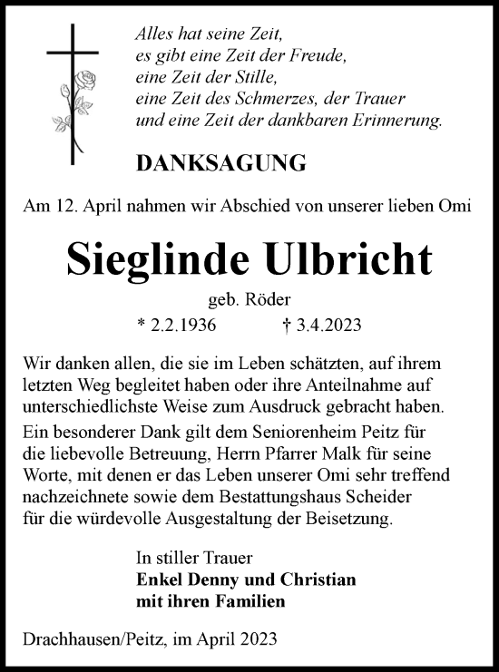 Traueranzeige von Sieglinde Ulbricht von Lausitzer Rundschau