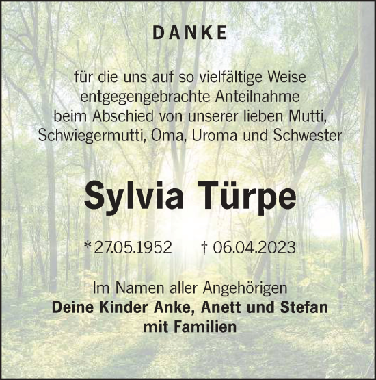 Traueranzeige von Sylvia Türpe von Lausitzer Rundschau