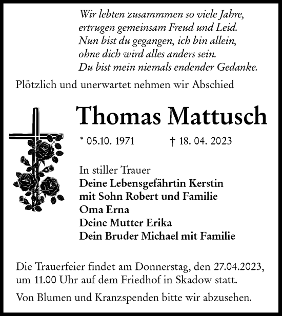 Traueranzeige von Thomas Mattusch von Lausitzer Rundschau