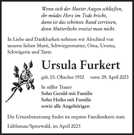 Traueranzeige von Ursula Furkert von Lausitzer Rundschau