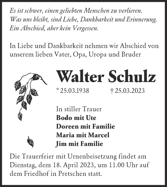 Traueranzeige von Walter Schulz von Lausitzer Rundschau