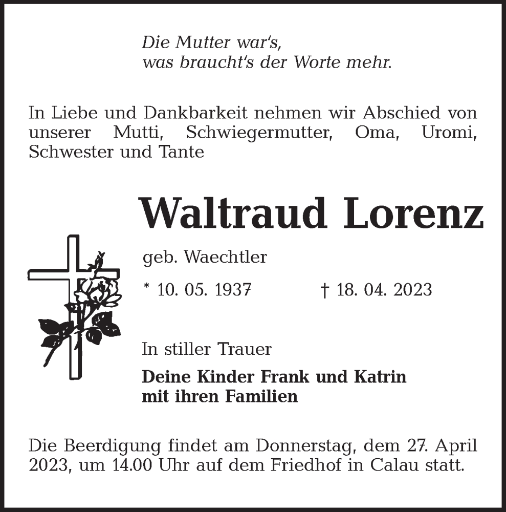  Traueranzeige für Waltraud Lorenz vom 22.04.2023 aus Lausitzer Rundschau