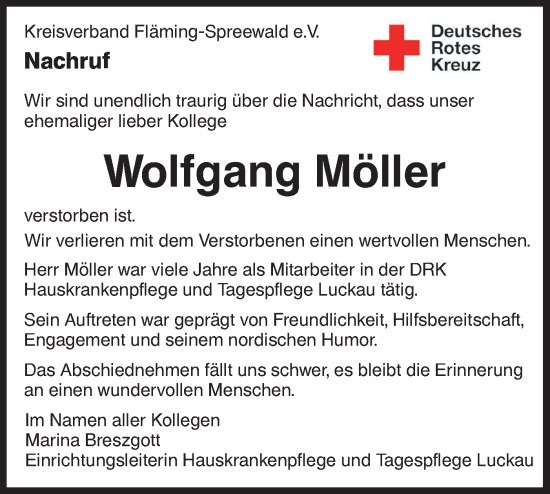 Traueranzeige von Wolfgang Möller von Lausitzer Rundschau