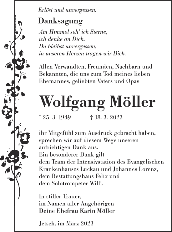 Traueranzeige von Wolfgang Möller von Lausitzer Rundschau