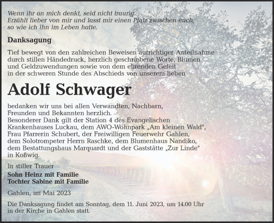 Traueranzeige von Adolf Schwager von Lausitzer Rundschau