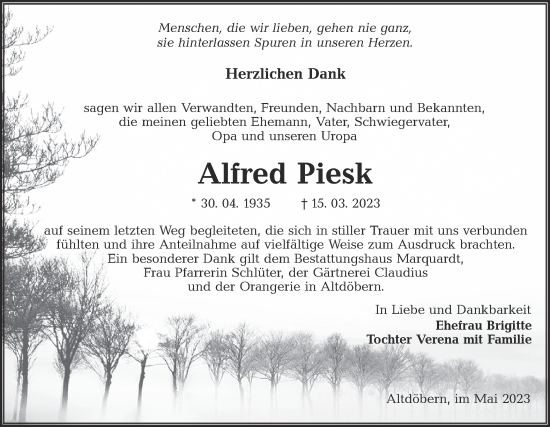 Traueranzeige von Alfred Piesk von Lausitzer Rundschau