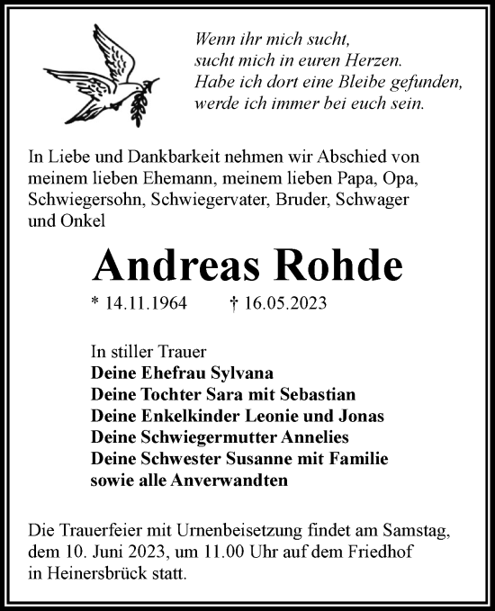 Traueranzeige von Andreas Rohde von Lausitzer Rundschau