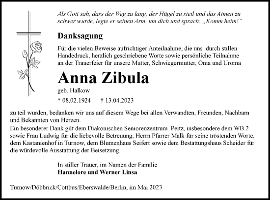 Traueranzeige von Anna Zibula von Lausitzer Rundschau