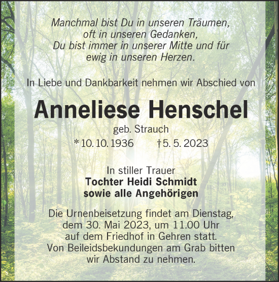 Traueranzeige von Anneliese Henschel von Lausitzer Rundschau