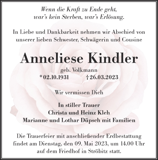 Traueranzeige von Anneliese Kindler von Lausitzer Rundschau