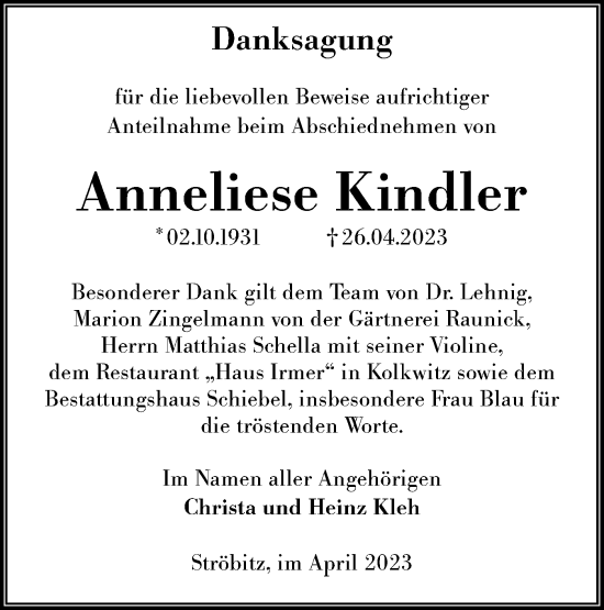 Traueranzeige von Anneliese Kindler von Lausitzer Rundschau